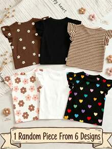 SHEIN Vintaside Kids 1 Pc Random, Colorful Small Hearts, Gentle Khaki Stripes, 3D Bow Pattern, Young Girl Casual Simple Versatile Round Neck Cap Sleeve T-Shirt, Suitable For Spring/Summer Daily Wear, Travel, Vacation - Multicolor - View 2