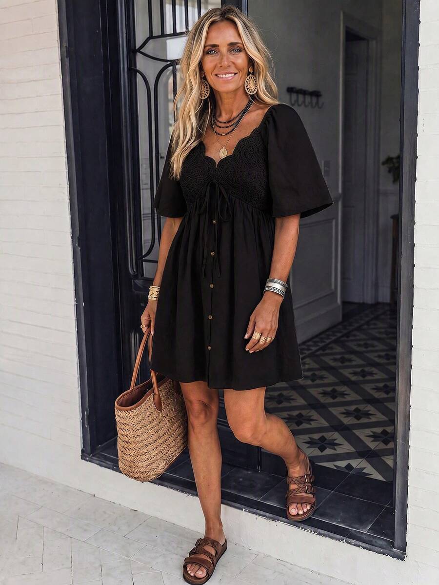LanaWest Women's Solid Color Pleated Casual Daily Summer Short Dress - Black - View 1