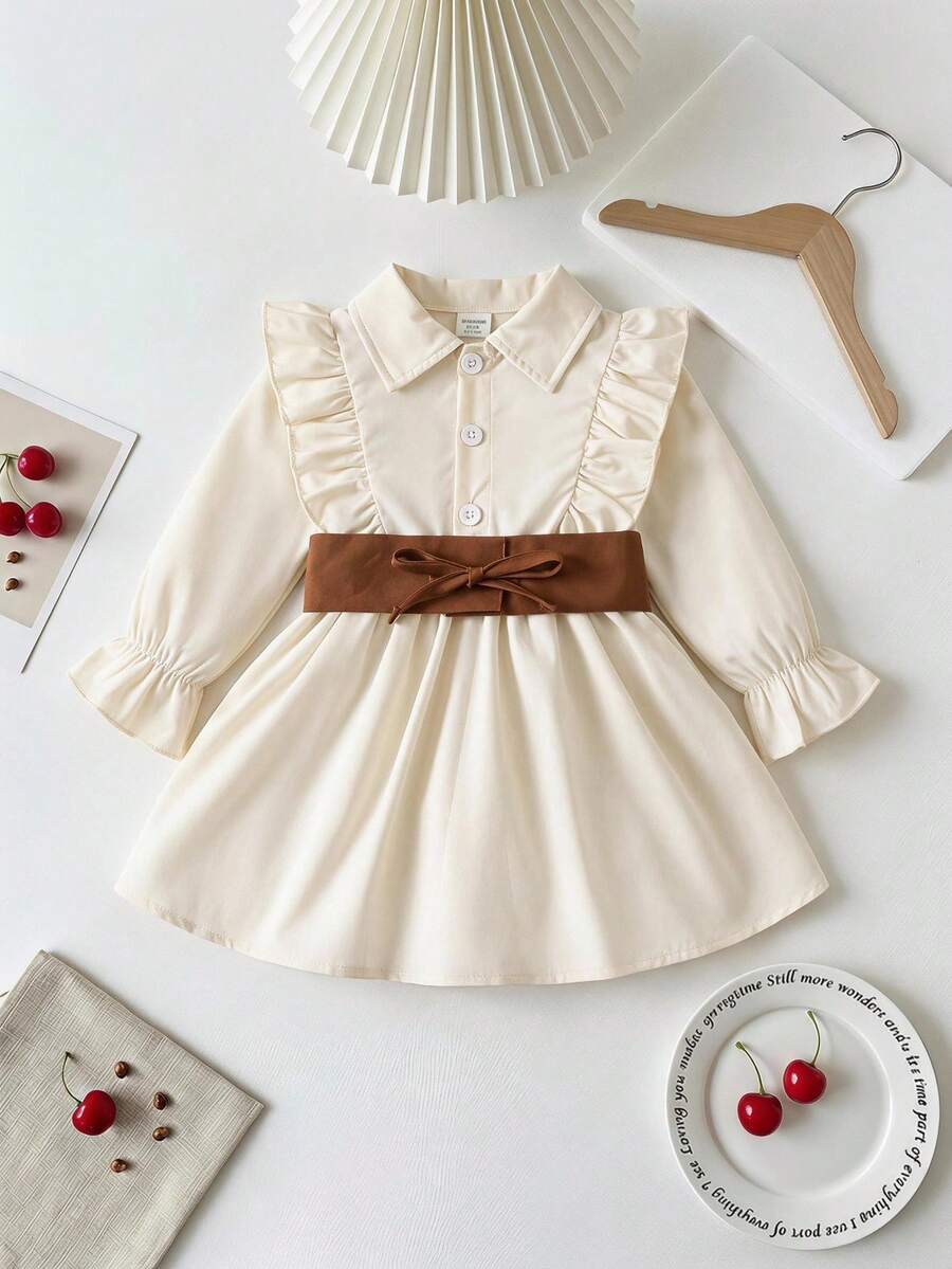 SHEIN Playful Pals Baby Girl Ruffle Trim Flare Sleeve Belted Shirt Dress Autumn Fall - Apricot - View 1