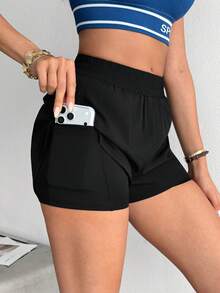SHEIN Dewbera Double Layer Anti-Exposure Drawstring Sports Shorts - Black - View 4