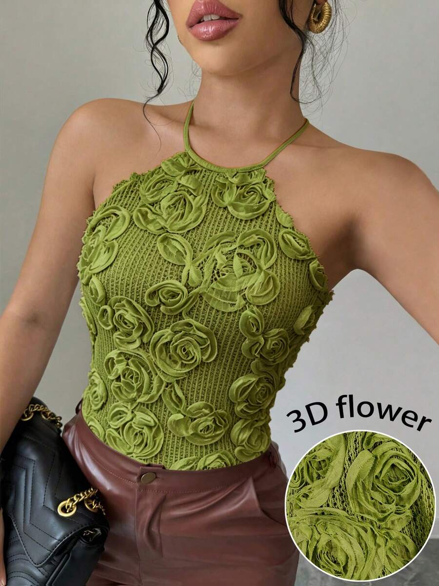 Elenzga 女款橄欖綠花卉掛脖綁帶背心上衣,夏季優雅性感派對約會之夜外穿,修身波西米亞度假風,休閒日常 - 綠色 - 查看 1