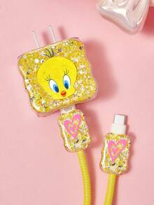 LOONEY TUNES X SHEIN Protector de cable de datos, adecuado para cargador de , juego de 4 piezas de protectores de cable de teléfono móvil, protector de cargador (excluyendo cable de datos) - Amarillo - Ver 1