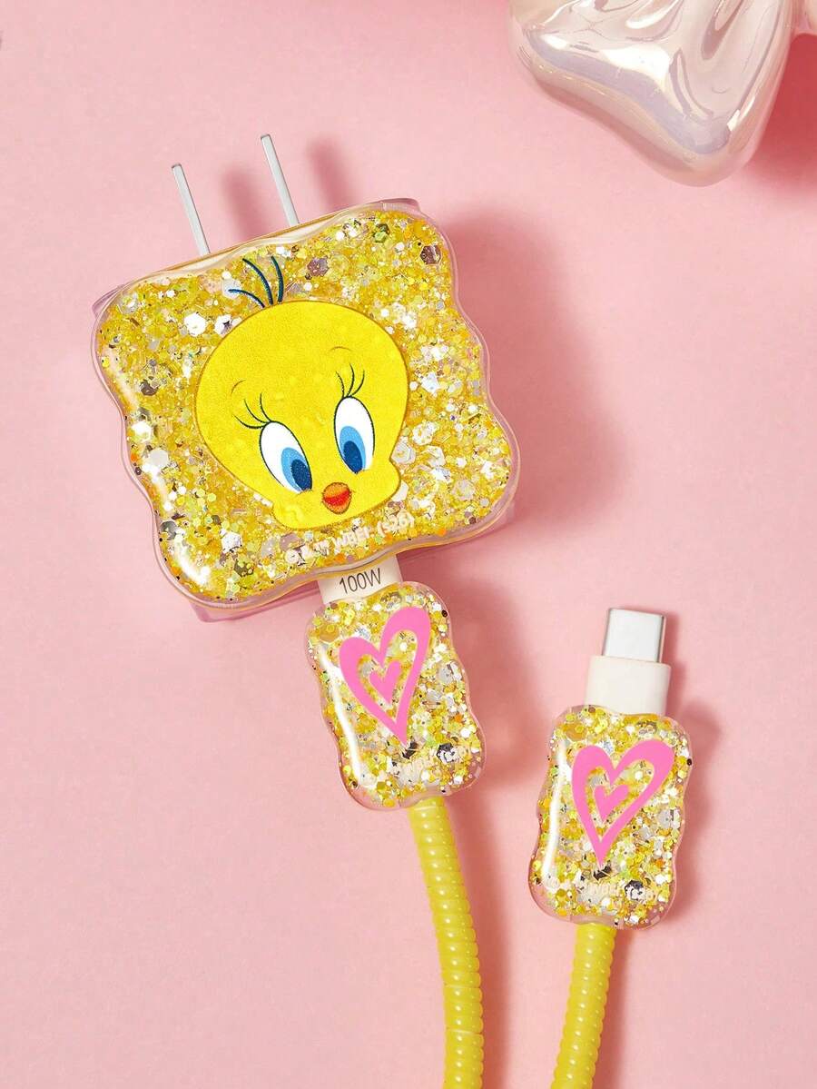 LOONEY TUNES X SHEIN Protector de cable de datos, adecuado para cargador de , juego de 4 piezas de protectores de cable de teléfono móvil, protector de cargador (excluyendo cable de datos) - Amarillo - Ver 1