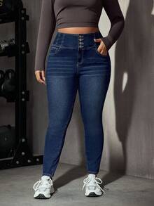 Flexra Casual Slim Fit High Waist Navy Blue Daily Stretchy Washed Comfortable Flattering Wear Plus Size Jeans For Women Formal Date Night Summer - Dark Wash - View 3