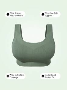 Barelissa 1pc Seamless Ribbed Solid Color Medium Support Deep U-Neck Sports Bra For Women, Wide Strap, Wire-Free Fixed Cups, Push-Up And Side-Boob Support, Daily Base Layer Camisole - Green - View 7