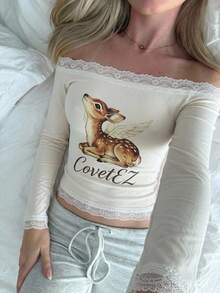 CovetEZ 女款蕾絲拼接字母卡通印花修身百搭T恤 日常居家棕色與白色波點秋季仙女風可愛款 - 杏色 - 查看 2
