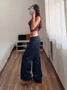 SHEIN Tall Celana Jeans Denim Wanita Model Lebar, Longgar, Kasual, Serbaguna dengan Kantong, Cocok untuk Musim Gugur - Dark Wash - View 6