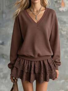 LUMIGAL Women's V-Neck Casual Versatile Daily Wear Long Sleeve Sweatshirt - Brown - View 4