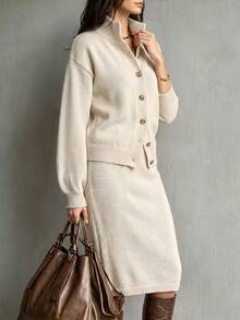 SHEIN LUNE 秋冬新款懶人休閒優雅風時尚百搭立領設計女款毛衣兩件套 辦公室茶會 白色 - 杏色 - 查看 4