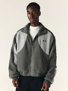 SUMWON Oversized Sherpa Fleece Bomber Jacket Two Tone Color Block Full Zip Ribbed Collar Cuffs Cozy Winter Outerwear - Grey - View 1