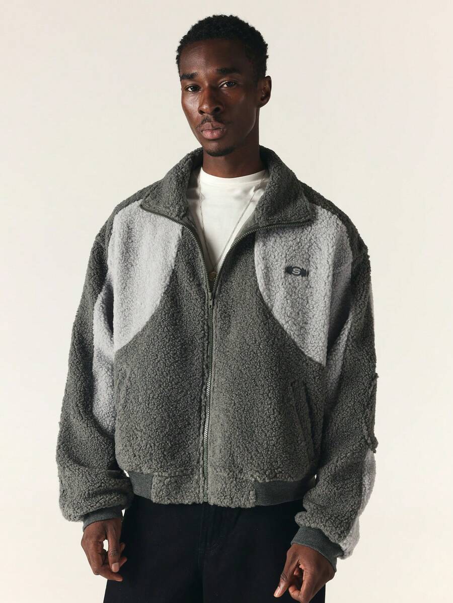 SUMWON Oversized Sherpa Fleece Bomber Jacket Two Tone Color Block Full Zip Ribbed Collar Cuffs Cozy Winter Outerwear - Grey - View 1