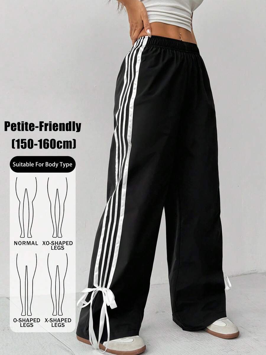 SHEIN PETITE 小碼女款配色腰帶簡約日常長褲 - 黑色 - 查看 1