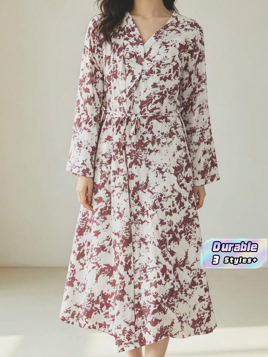 1件可愛兔子花卉印花和服浴袍,短袖V領裹身家居服,附側綁帶與荷葉邊下擺,輕便休閒夏季居家服 M-XXL - 彩色 - 查看 1