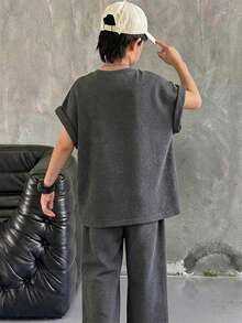 SHEIN 兒童青少年男孩休閒寬鬆舒適灰色背心與運動長褲套裝，Y2K風格夏季校園返校男孩穿搭，2件組 - 灰色 - 查看 5