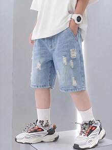SHEIN 兒童男童復古藍色牛仔磨損鬆身短褲 - 淺色水洗藍 - 查看 3