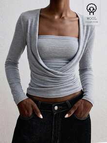 ATUI Studio Cross-Wrap Design Gray Long Sleeve Top, Square Neck, Minimalist Daily Commute T-Shirt - Grey - View 4