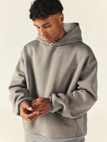 SUMWON Oversized Pullover Hoodie With Embroidered Logo Chest Detail Single Centre Pocket Ribbed Cuffs Hem Fall Winter Essential - Light Grey - View 1