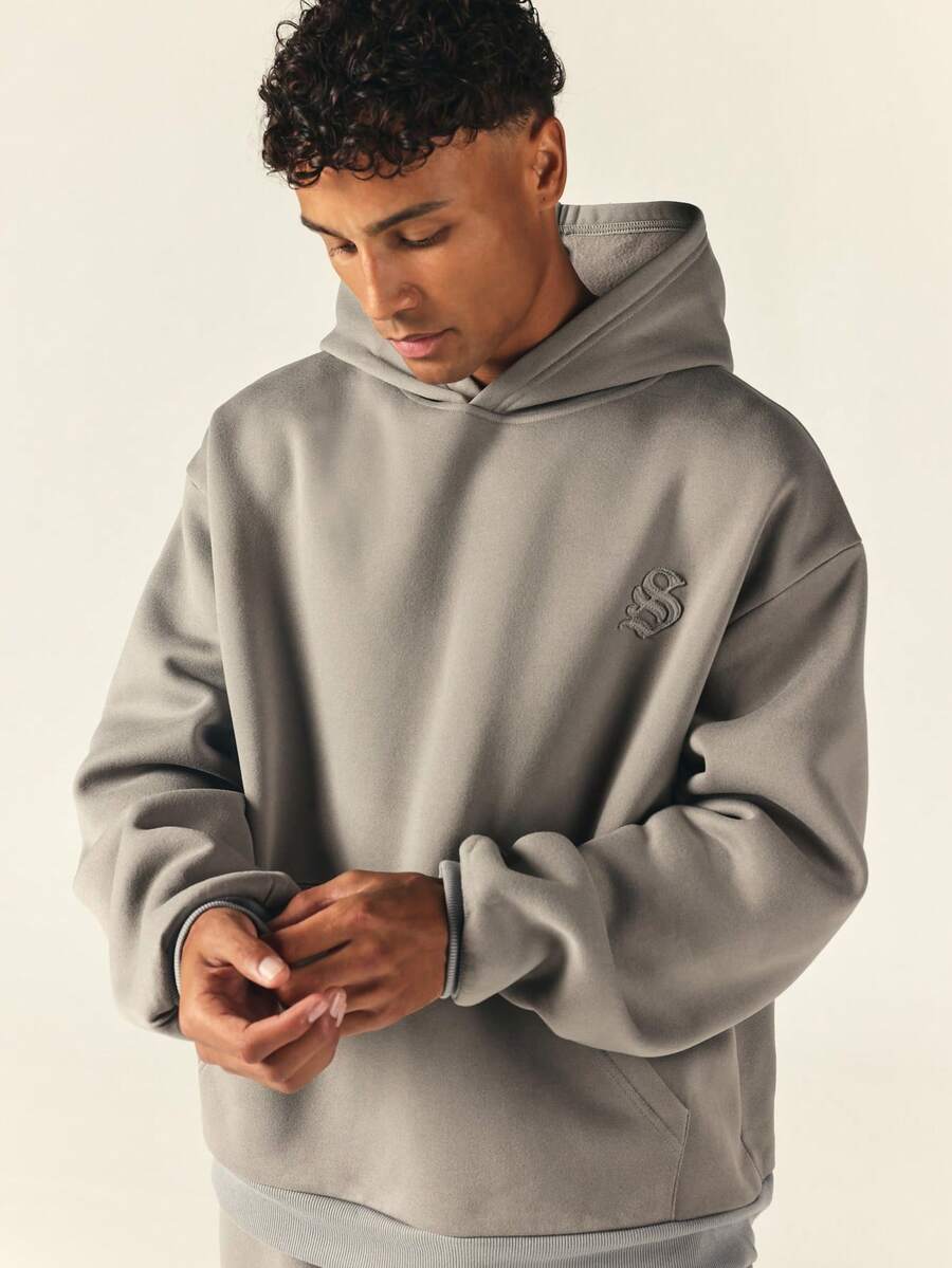 SUMWON Oversized Pullover Hoodie With Embroidered Logo Chest Detail Single Centre Pocket Ribbed Cuffs Hem Fall Winter Essential - Light Grey - View 1