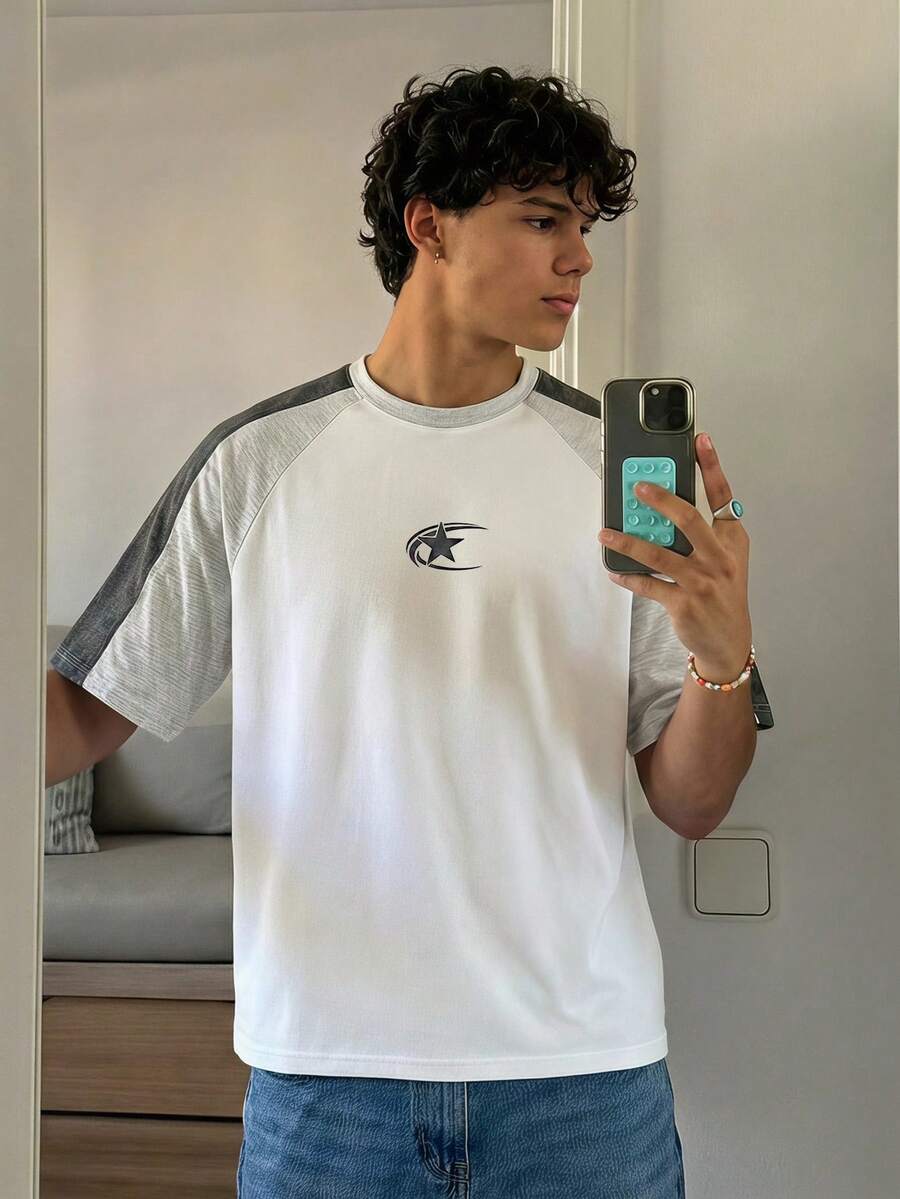 Manfinity BRENVOR Men's Knitted Fashion Casual Youth Loose Fit Short Sleeve T-Shirt With Patchwork Print Pattern - Grey - View 1