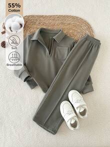 SHEIN 男童春秋純灰色極簡休閒風無圖案修身翻領半拉鍊長袖套頭上衣搭配長褲套裝，適合外出、居家休閒與日常運動穿著 - 軍綠色 - 查看 6