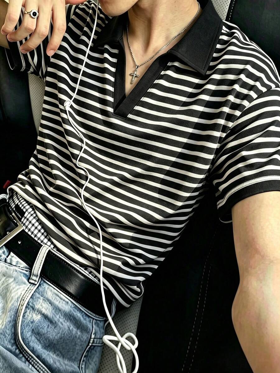 Resyla Men 男士黑白條紋 Polo 衫,經典休閒航海風,美式復古韓系簡約修身,度假夏季款 - 彩色 - 查看 1