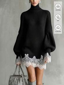 SHEIN Women's High Neck Contrast Lace Hem Elegant Knit Dress - Black - View 2