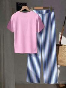 Comfortcana 2pcs Set Embroidered Round Neck Short Sleeve Top And Striped Print Pants, Casual - Multicolor - View 2