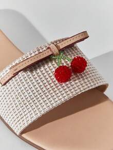 SHEIN Solezae Women Cherry Fruit Decor Slip-On Open Toe Everyday Summer Dreamy Cute Raffia PU Flat Sandals Valentine's Day Summer Shoes - Beige - View 6