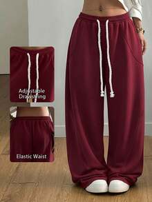 SHEIN Tall CURVE 大码女式街头风外出休闲裤，大码弹力腰带舒适筒状裤，阔腿运动裤 - 酒紅色 - 查看 8