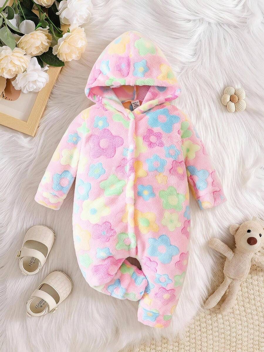 SHEIN Baby Girls' Valentine's Day Heart Pattern Hooded Fleece Jumpsuit Autumn Fall - Multicolor - View 1