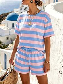 Selamara Damen Große Größen 2 Stücke Loungewear-Set in Rosa und Blau mit breiten Streifen, lässiges Outfit mit Kurzarm-Top und Shorts mit Kordelzug - Verschiedenfarbig - Übersicht 5
