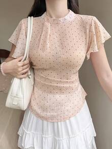 Tideelle Women's Polka Dot Print Stand Collar Ruffle Short Sleeve Top - Apricot - View 3