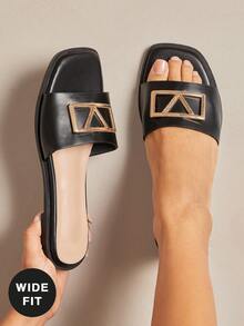 SHUZIA Women's Square Toe Signature Gold Oversized Sculptural Buckle Pu Black Slide Sandals – Soft Cushions, Chic, Comfortable & Easy To Pair - Black - View 2
