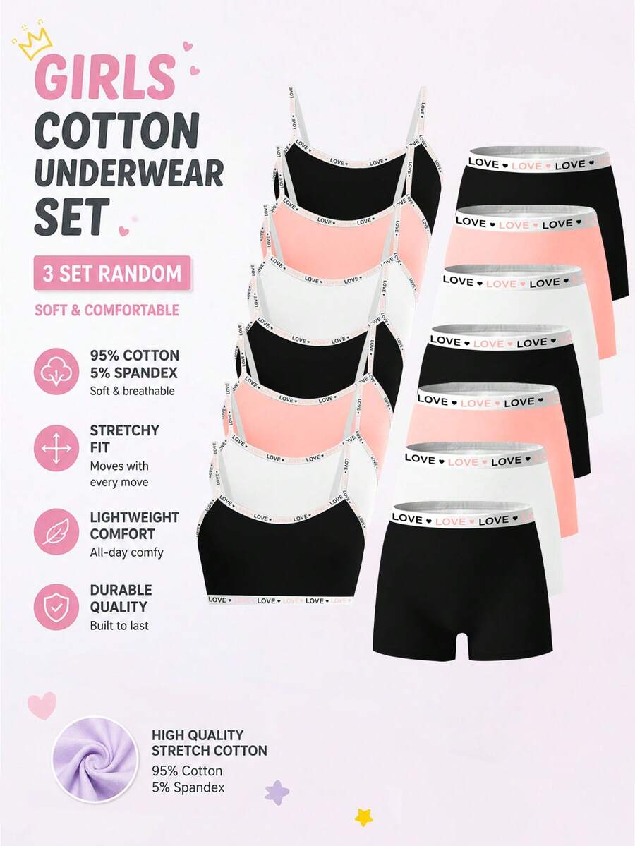 7 Sets Random 3 Pieces Tween Girls' Simple Basic Solid Color Letter Contrast Camisole Top & Shorts Underwear Set - Multicolor - View 1