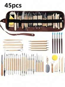 41/45件套木柄陶艺雕塑工具套装，适用于陶瓷、聚合物粘土和塑料粘土 - 无动力雕刻、成型和造型工具套装 - 彩色 - 查看 8