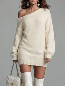 LUMIGAL Women's Cold Shoulder Asymmetric Cold Shoulder Lantern 3/4 Sleeve Ribbed Hem Knit Dress Going Out Date White Autumn Casual Sexy - Apricot - View 1