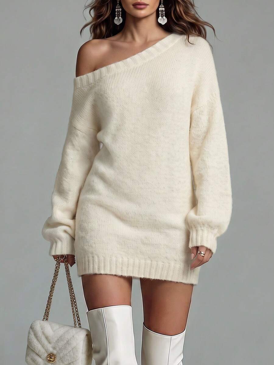 LUMIGAL Women's Cold Shoulder Asymmetric Cold Shoulder Lantern 3/4 Sleeve Ribbed Hem Knit Dress Going Out Date White Autumn Casual Sexy - Apricot - View 1