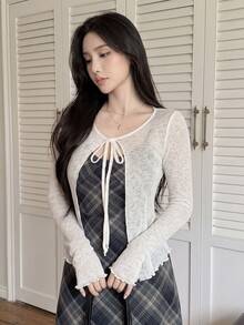 INAWLY Sexy Elegant Style Short Tie-Up Knit Sun Protection Cardigan, Loose Fit Slimming Layering Long Sleeve Top Everyday Date Off-White Autumn - White - View 2