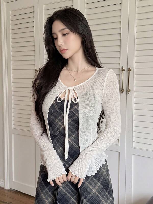 Tideelle Sexy Style Short Tie-Up Knit Sun Protection Cardigan, Loose Fit Slimming Layering Long Sleeve Top