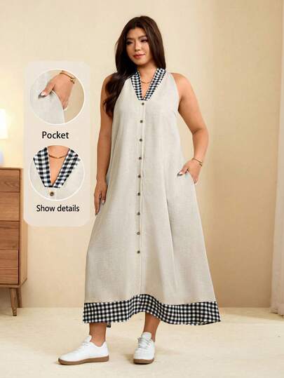 Edennvi Plus Size Summer Casual Plaid Patchwork Sleeveless Dress