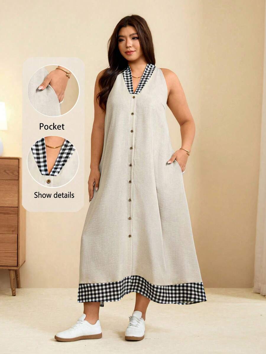Edennvi Plus Size Summer Casual Traditional Plaid Patchwork Sleeveless Dress Formal Vacation Grey And Pink - Multicolor - View 1