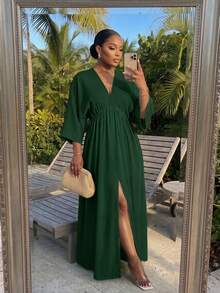 SHEIN Lady CURVE Gaun Liburan Kasual Ukuran Besar, Hijau Army Musim Gugur - Dark Green - View 4