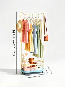 1PC Mobile Clothes Rack With Storage Basket, Rolling Garment Rack With Wheels, Freestanding Clothing Hanging Rack, Portable Wardrobe Organizer For Bedroom, Space Saving Clothes Hanger Stand - Multicolor - View 14