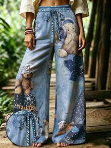 Breezaya Women's Plus Size Fashion Printed Denim Effect Texture And Doll Pattern Wide Leg Pants, Suitable For Daily Wear And Outings Fall - Multicolor - View 1