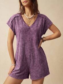 Bohemela Busana Wanita Minimalis Kasual Model Romper Leher V Gaya Jalanan Liburan Musim Panas Warna Ungu Muda - Purple - View 1