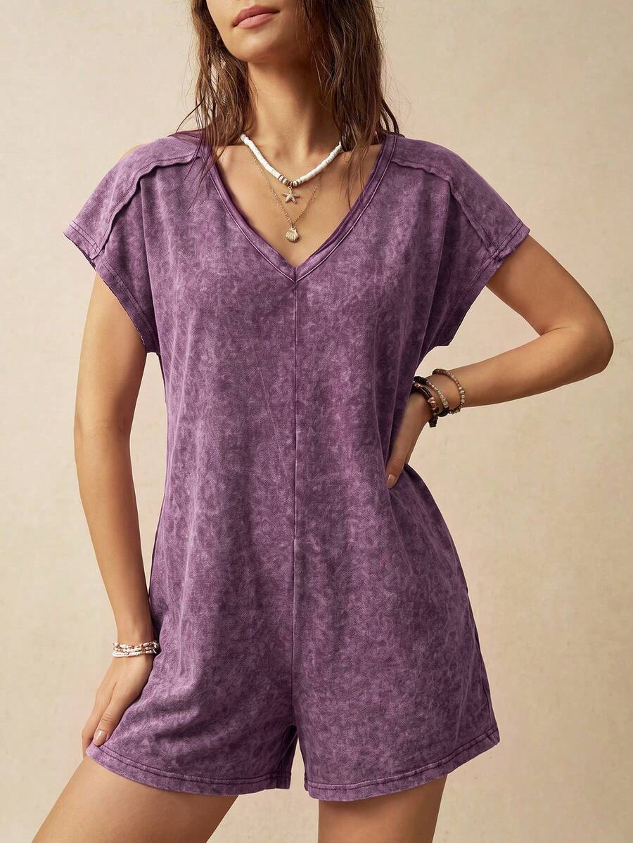 Bohemela Busana Wanita Minimalis Kasual Model Romper Leher V Gaya Jalanan Liburan Musim Panas Warna Ungu Muda - Purple - View 1