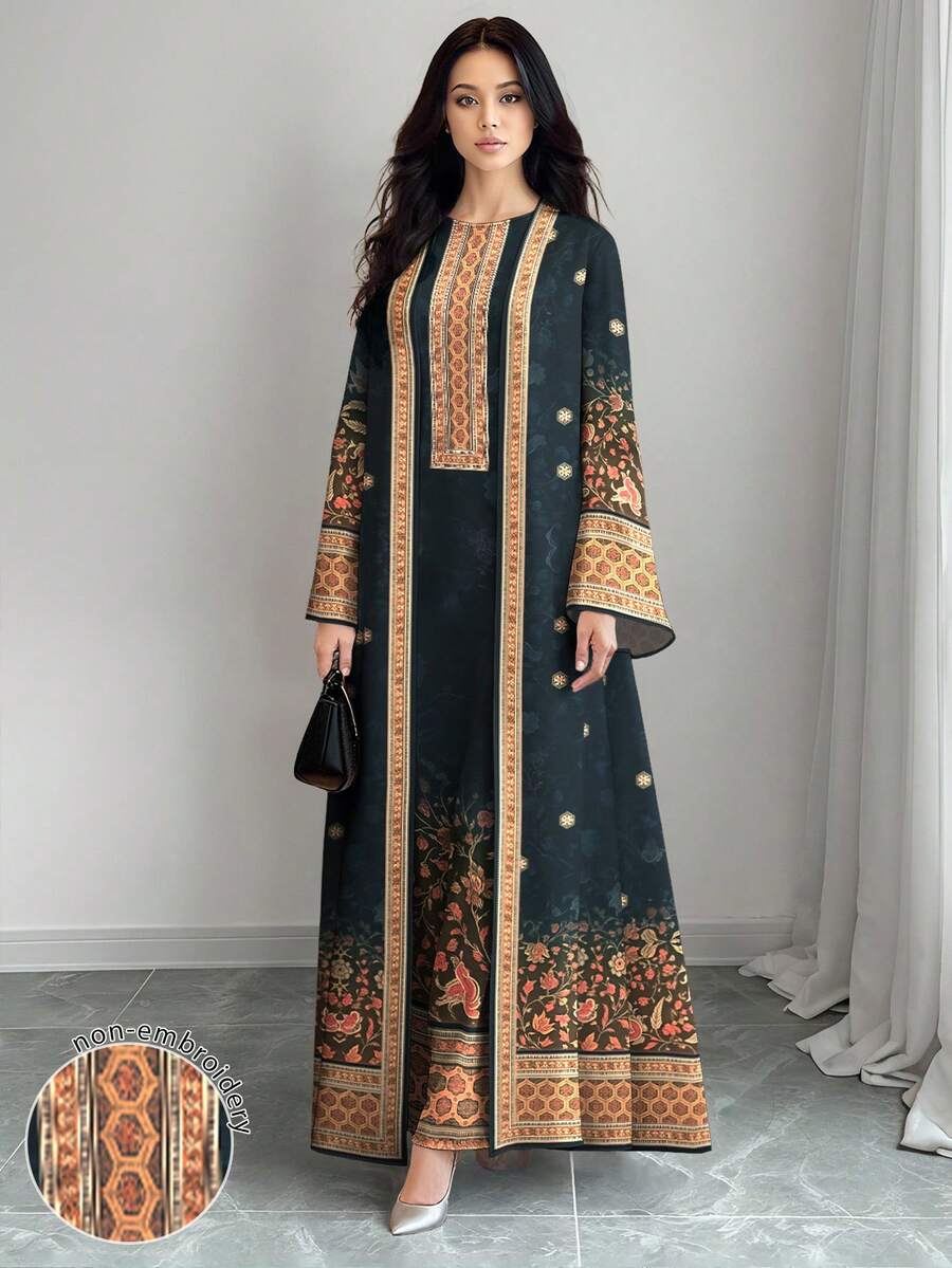 SHEIN Najma 女士复古花卉植物印花长袖休闲阿拉伯风格套装,春秋季 - 彩色 - 查看 1