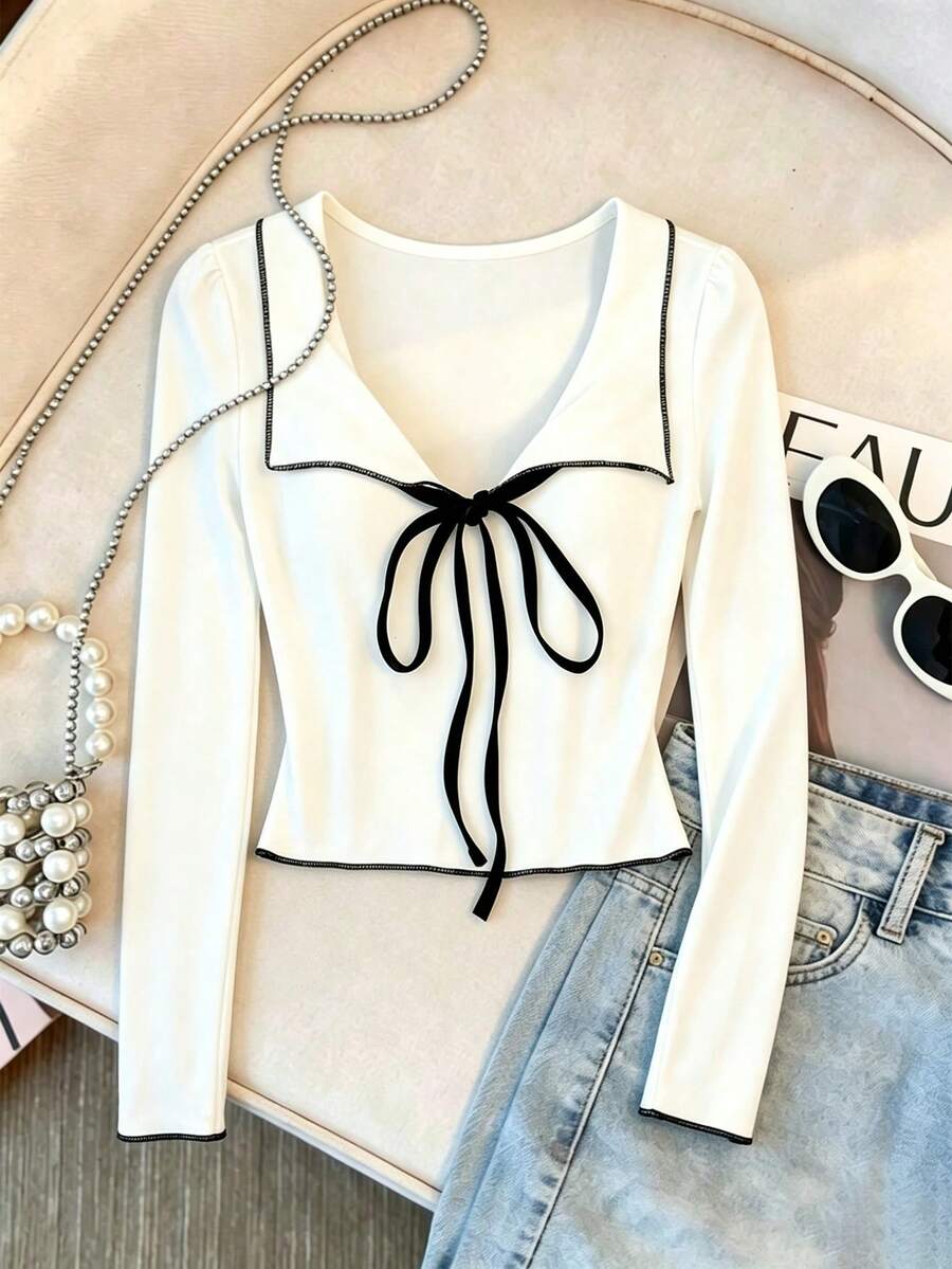GlowEve Women's Versatile Korean Style Lace-Up Contrast Color Long Sleeve Top For Daily Wear - White - View 1