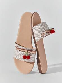 SHEIN Solezae Women Cherry Fruit Decor Slip-On Open Toe Everyday Summer Dreamy Cute Raffia PU Flat Sandals Valentine's Day Summer Shoes - Beige - View 3