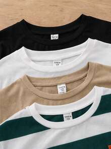 4pcs Tween Boy Casual Solid Color & Striped Long Sleeve T-Shirts Chic For Autumn/Winter Fall - Multicolor - View 5